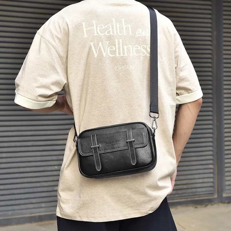 Weixier D408 Men Square Messenger Bag cu Кожаная Сумка по Кроссу с Запястьем с Запястьем - Черный
