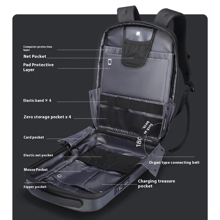 MARK RYDEN MR8918Pro 17.3 inch Laptop Backpack Hardshell Travel Backpack with Anti-Theft Lock - Grey