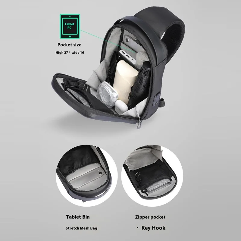 MARK RYDEN MR3991 Men's Chest Bag Hard Shell Crossbody Shoulder Bag with USB Charging Port - Black