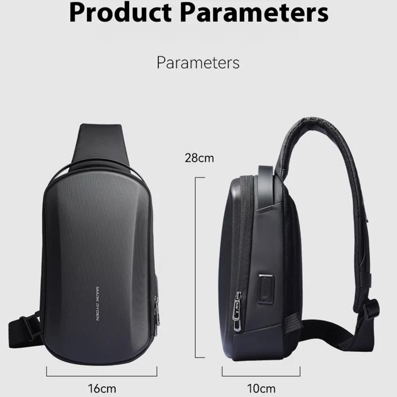 MARK RYDEN MR3991 Men's Chest Bag Hard Shell Crossbody Shoulder Bag with USB Charging Port - Black