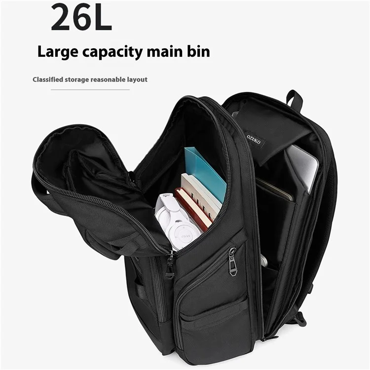 OZUKO 9799 Mochila para laptop de negócios à prova d'água em tecido Oxford, bolsa de ombro de viagem dupla - Preta