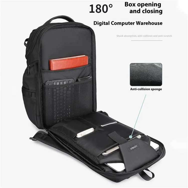 OZUKO 9799 Mochila para laptop de negócios à prova d'água em tecido Oxford, bolsa de ombro de viagem dupla - Preta