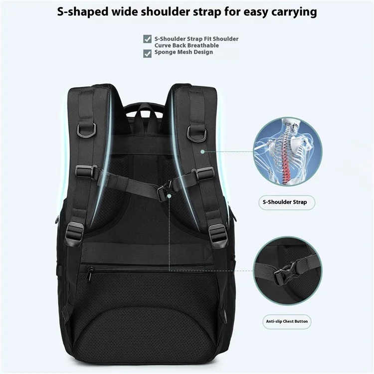 OZUKO 9799 Mochila para laptop de negócios à prova d'água em tecido Oxford, bolsa de ombro de viagem dupla - Preta