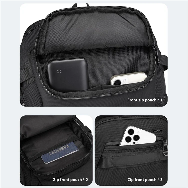 OZUKO 9799 Mochila para laptop de negócios à prova d'água em tecido Oxford, bolsa de ombro de viagem dupla - Preta