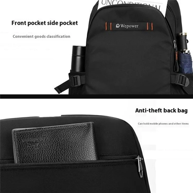 WEPOWER 8107 Mochila de laptop para viagens e deslocamentos masculina, de nylon, com grande capacidade, para estudantes e uso casual - Preta