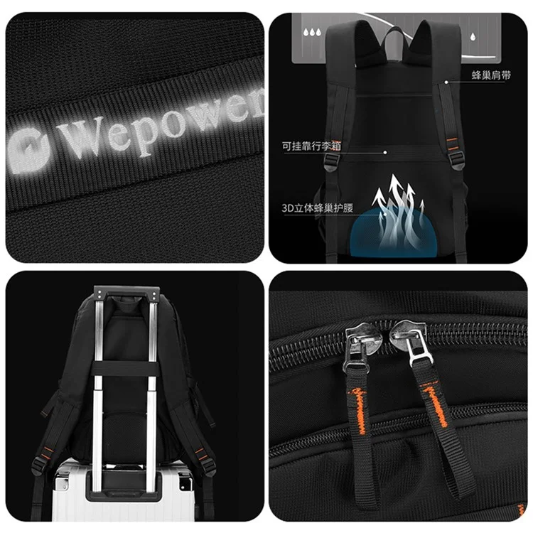 WEPOWER 8107 Mochila de laptop para viagens e deslocamentos masculina, de nylon, com grande capacidade, para estudantes e uso casual - Preta