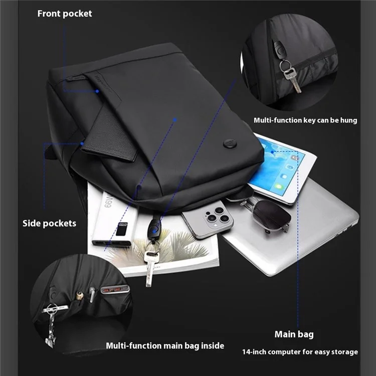 WEPOWER 1316 Men Laptop Backpack Large Capacity Nylon Waterproof Business Daypack for Daily Travel - Black
