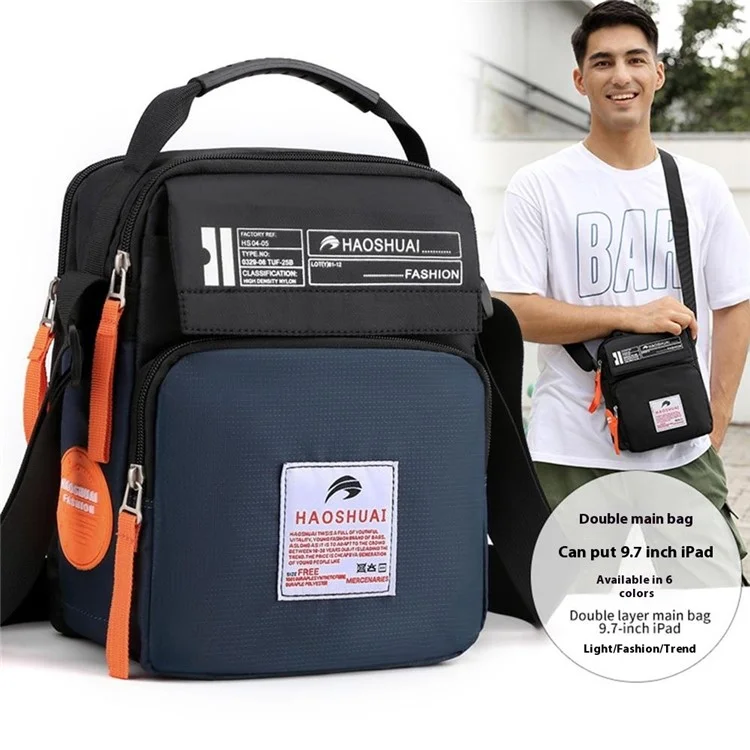 Sac à bandoulière HAOSHUAI 208 pour hommes Sac à bandoulière en nylon imperméable à plusieurs poches pour l'extérieur / le sport / les voyages - Noir