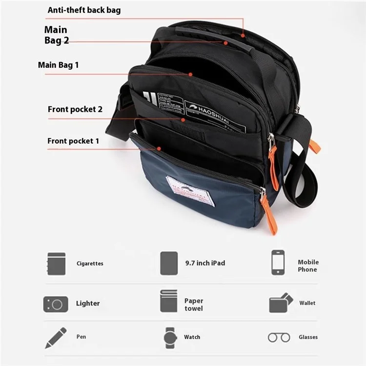 Sac à bandoulière HAOSHUAI 208 pour hommes Sac à bandoulière en nylon imperméable à plusieurs poches pour l'extérieur / le sport / les voyages - Noir