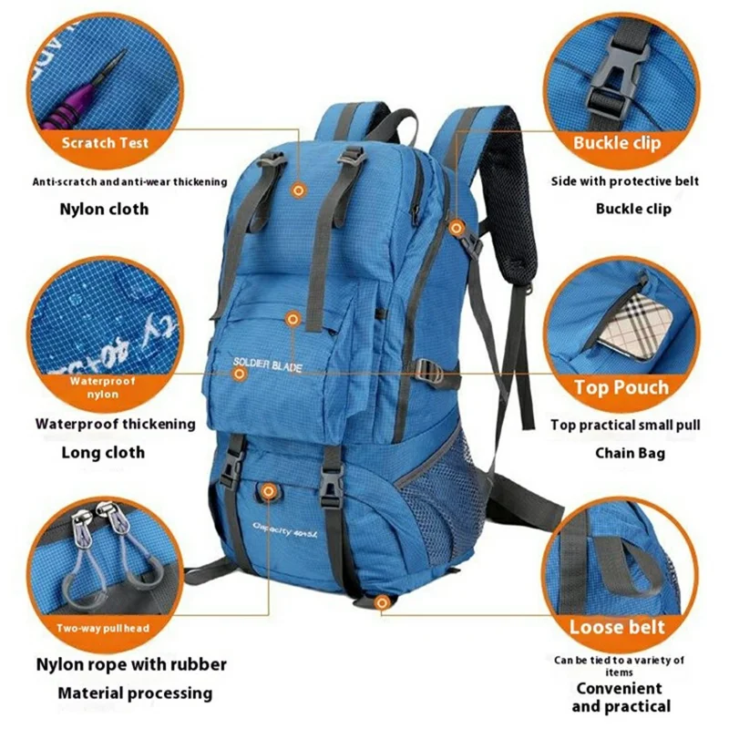 SOLDIER BLADE DF8812 24 Inch Outdoor Hiking Backpack Waterproof Nylon Camping Daypack with Shoe Compartment - Blue