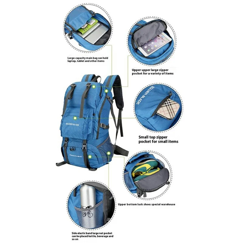SOLDIER BLADE DF8812 24 Inch Outdoor Hiking Backpack Waterproof Nylon Camping Daypack with Shoe Compartment - Blue