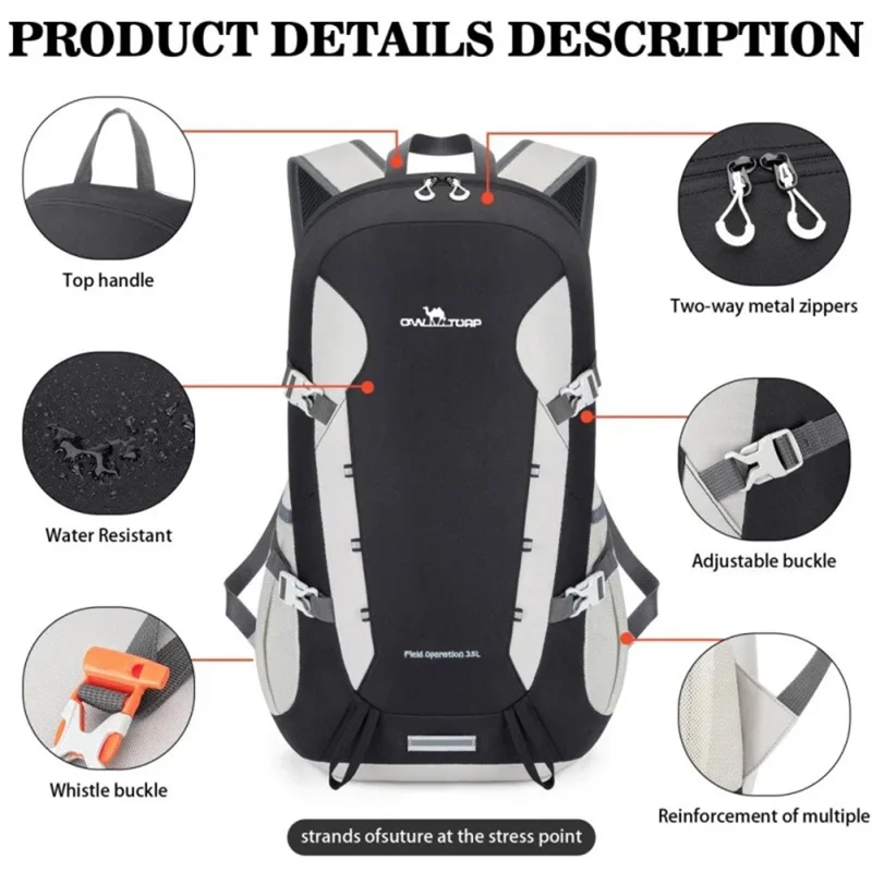 Sac à dos de randonnée, camping et alpinisme de 35L - Imperméable, en nylon léger et pliable - Noir+Blanc