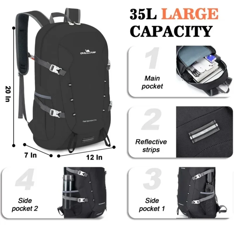 Sac à dos de randonnée, camping et alpinisme de 35L - Imperméable, en nylon léger et pliable - Noir+Blanc