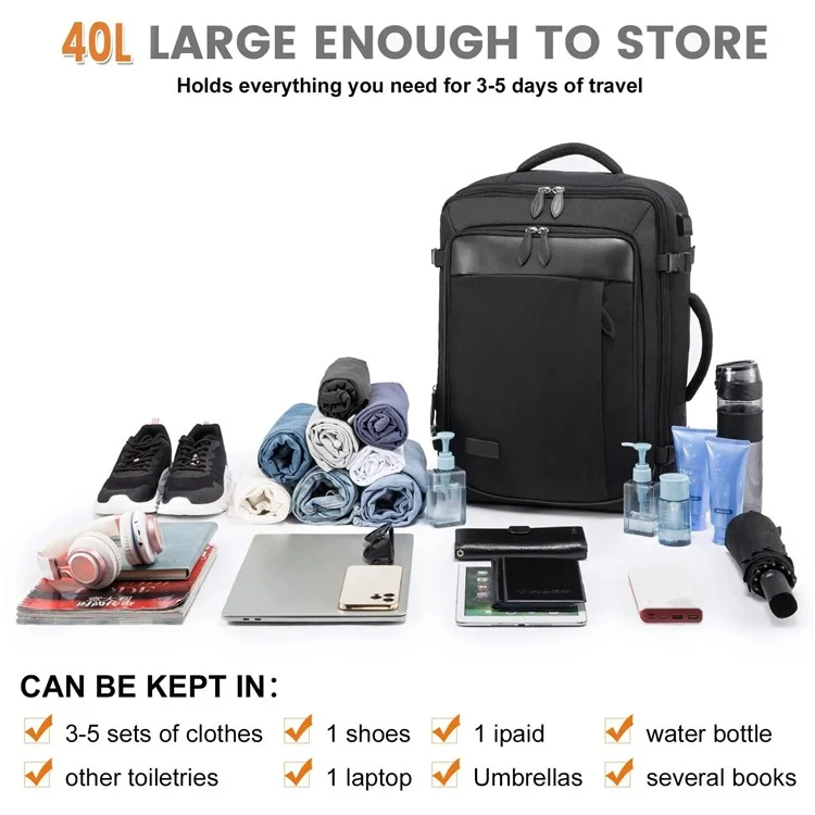 36-55L Laptop Backpack Business Travel Large Capacity Waterproof Nylon Casual Daypack with Storage Bags - Black
