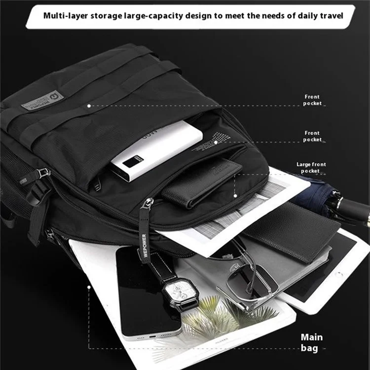 WEPOWER 2329 Zaino Casual Impermeabile in Nylon Traspirante per Uomo per Laptop da 14 Pollici - Nero