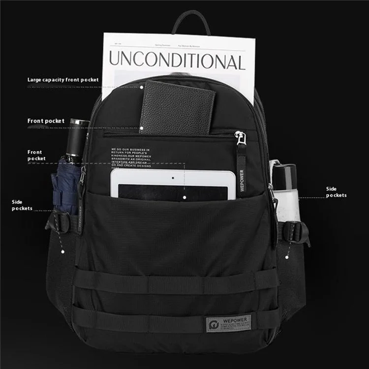 WEPOWER 2329 Zaino Casual Impermeabile in Nylon Traspirante per Uomo per Laptop da 14 Pollici - Nero