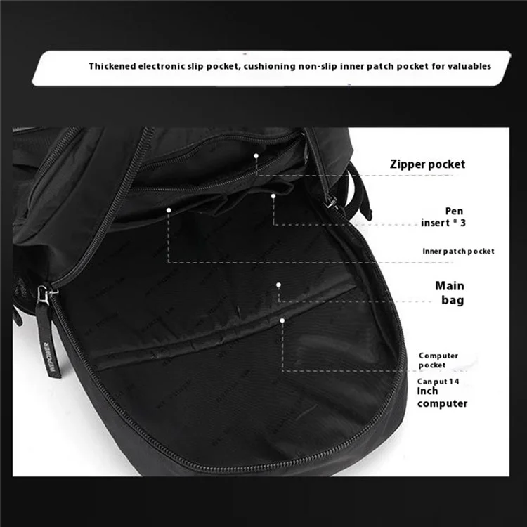 WEPOWER 2329 Zaino Casual Impermeabile in Nylon Traspirante per Uomo per Laptop da 14 Pollici - Nero