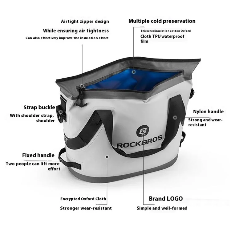ROCKBROS BX-003 Sac Isotherme Réfrigérant Portable pour Conservation des Aliments - Idéal pour Camping, Pêche, Maison et Voiture - Gris