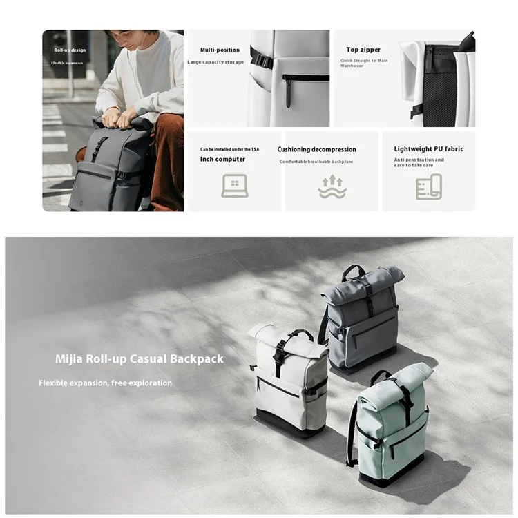 XIAOMI MIJIA 23L Casual Backpack Roll Top Design Multi Compartment Waterproof Polyester Daypack - Grey
