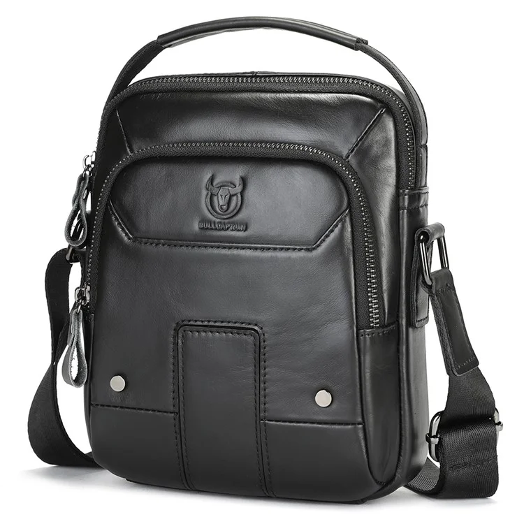 Bolsa Transversal Masculina BULLCAPTAIN 059 em Couro Legítimo de Primeira Qualidade, Multifuncional - Preto