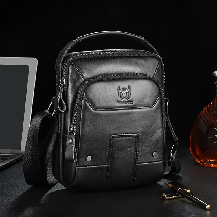 Bolsa Transversal Masculina BULLCAPTAIN 059 em Couro Legítimo de Primeira Qualidade, Multifuncional - Preto