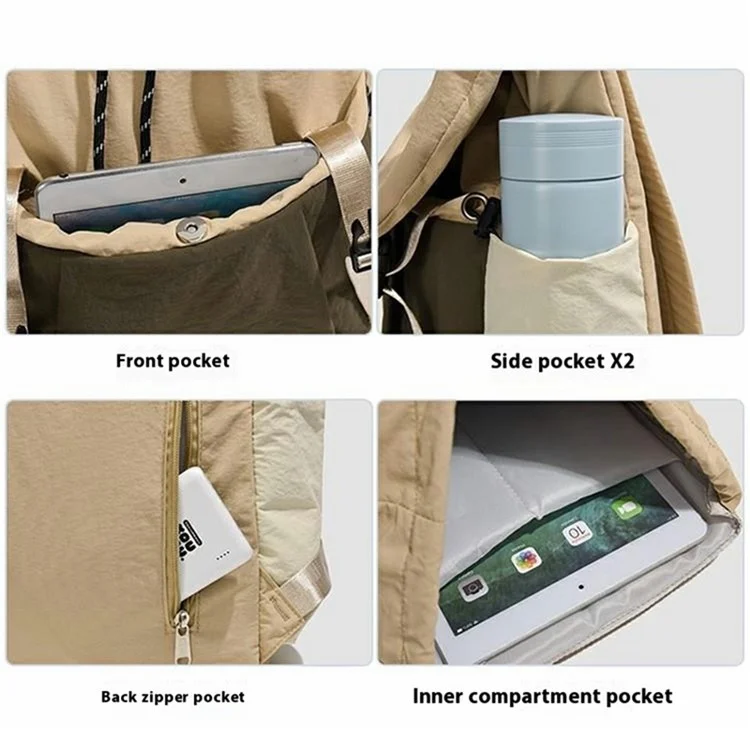 Outdoor Travel Backpack College Students Women Casual Lightweight Oxford Cloth Water Resistant Daypack - Khaki