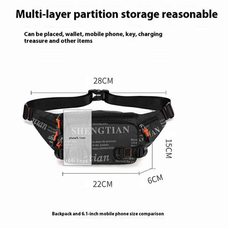 Bolsa de Cintura Masculina Moda Nylon Impermeável Transversal de Ombro Único Esportiva Pequena Pochete - Preto