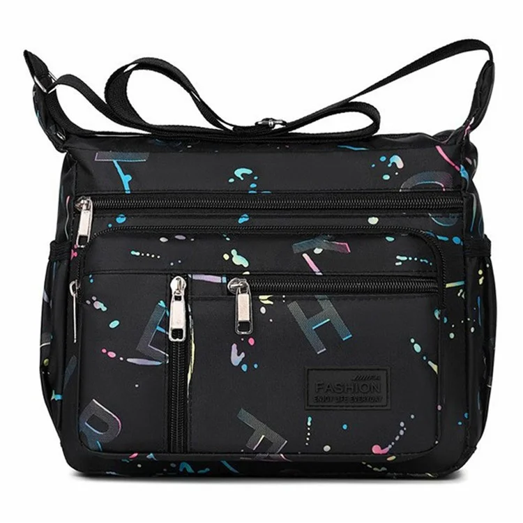 Bolsa de Ombro Cruzada Leve de Mulher de Tecido Oxford Estampado de Grande Capacidade - Preta