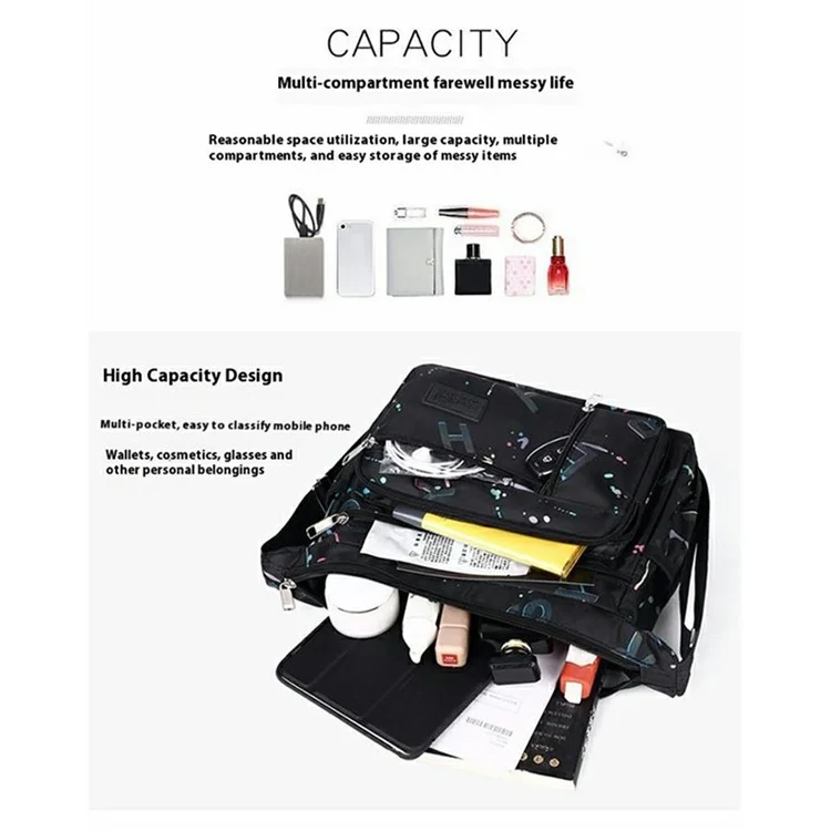 Bolsa de Ombro Cruzada Leve de Mulher de Tecido Oxford Estampado de Grande Capacidade - Preta