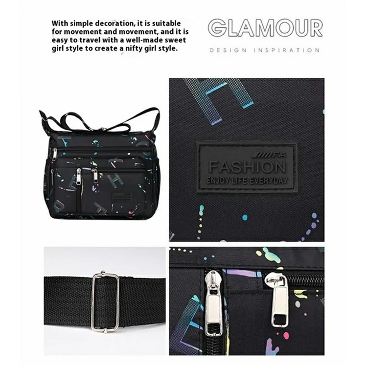 Bolsa de Ombro Cruzada Leve de Mulher de Tecido Oxford Estampado de Grande Capacidade - Preta