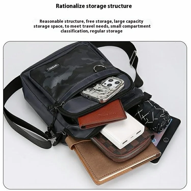 Bolsa Transversal Masculina Oxford Cloth Camuflada - Mochila Mensageiro Estilosa para Esportes e Atividades Externas / Zíper Horizontal / Preto