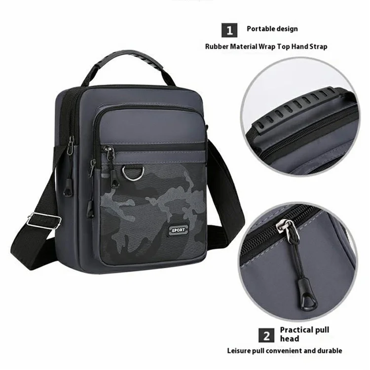 Bolsa Transversal Masculina Oxford Cloth Camuflada - Mochila Mensageiro Estilosa para Esportes e Atividades Externas / Zíper Horizontal / Preto