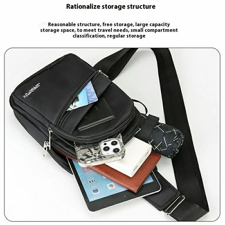 Herren Wasserdichte Brusttasche aus Oxford-Stoff Einzelner Schulter Umhängetasche - Vertikaler Reißverschluss / Schwarz