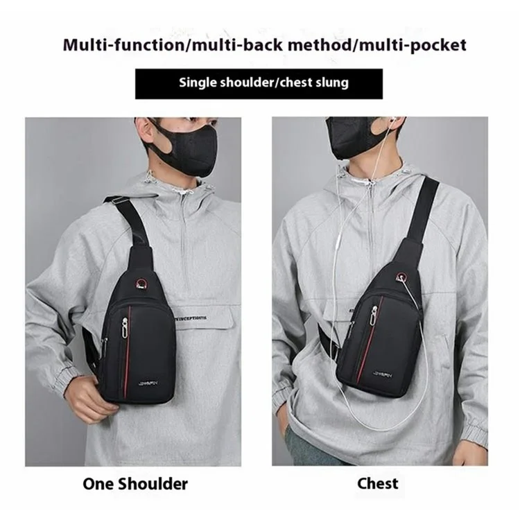 Bolso bandolera de hombre de tela Oxford, estilo casual de negocios, para llevar al pecho - Cremallera vertical / Negro