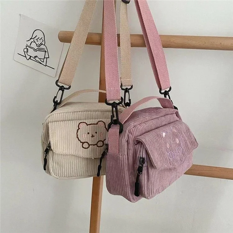 Bolsa Transversal Vintage de Cotelê para Mulheres no Estilo Universitário com Aba e Zíper - Rosa