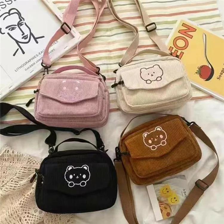 Bolsa Transversal Vintage de Cotelê para Mulheres no Estilo Universitário com Aba e Zíper - Rosa