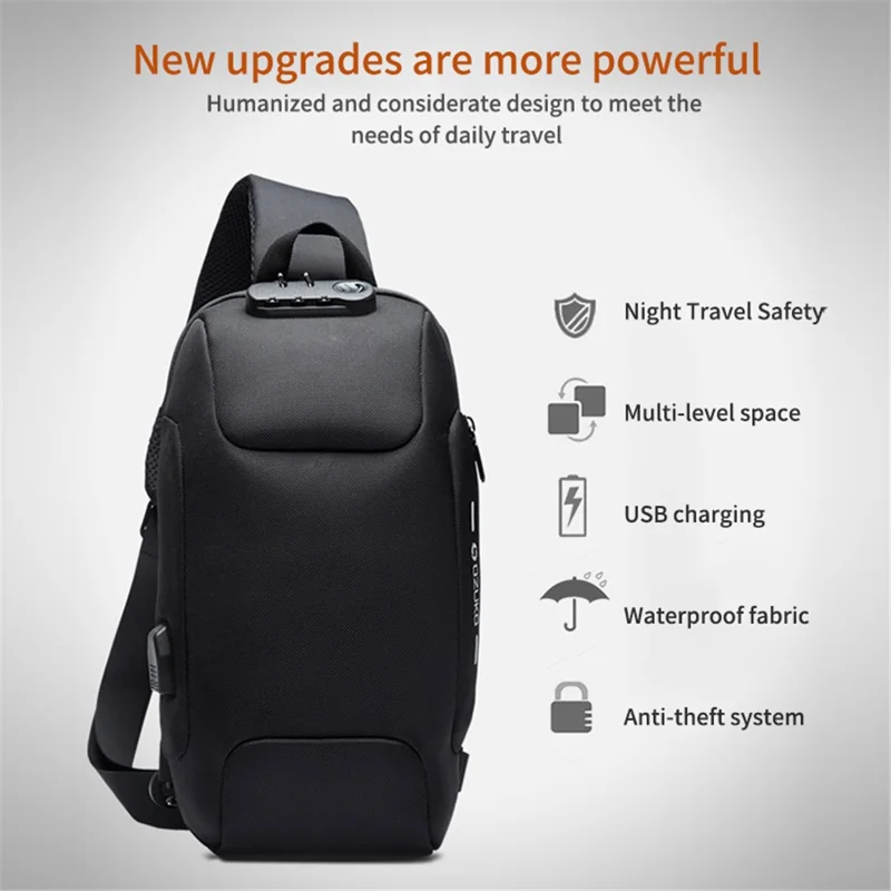 OZUKO Multifunction Lightweight Chest Bag Waterproof Anti-scratch Shoulder Bag - Black