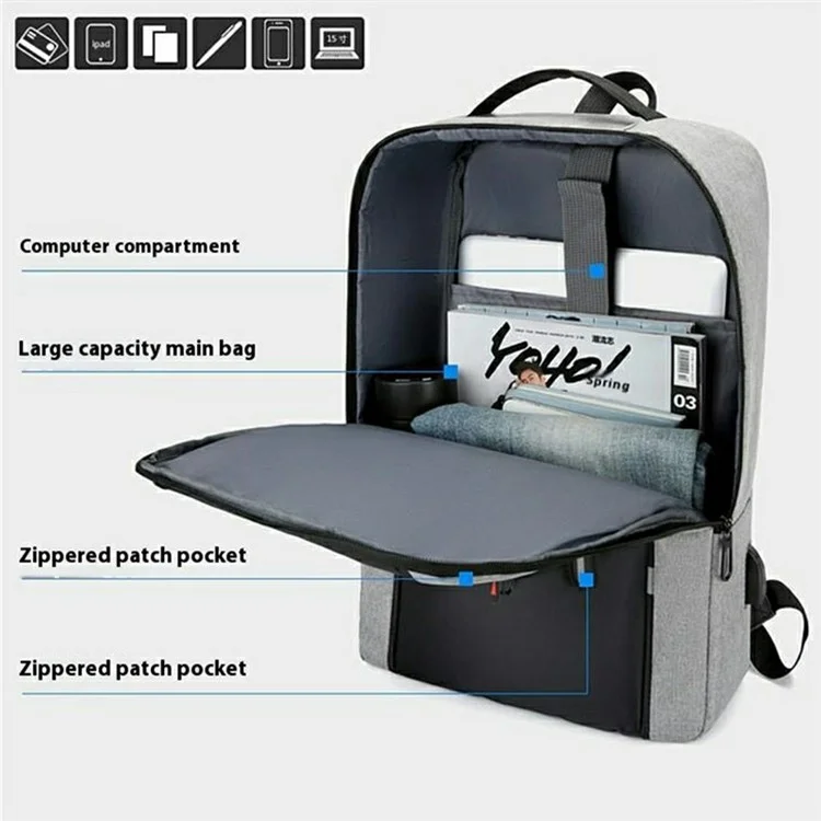 Zaino per laptop da lavoro per uomini, zaino da viaggio impermeabile in tessuto Oxford con porta USB per la ricarica - Grigio