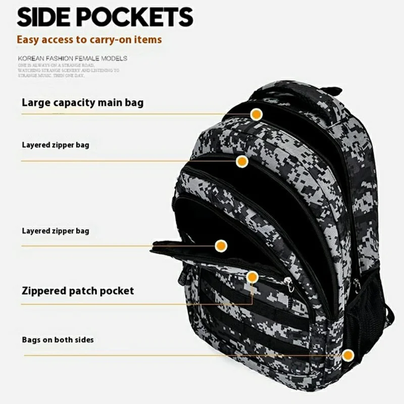 Mochila de Viaje Camuflaje de Gran Capacidad para Exteriores de Tela Oxford Bolsa de Mochila de Senderismo para Hombres con Doble Hombro - Negro