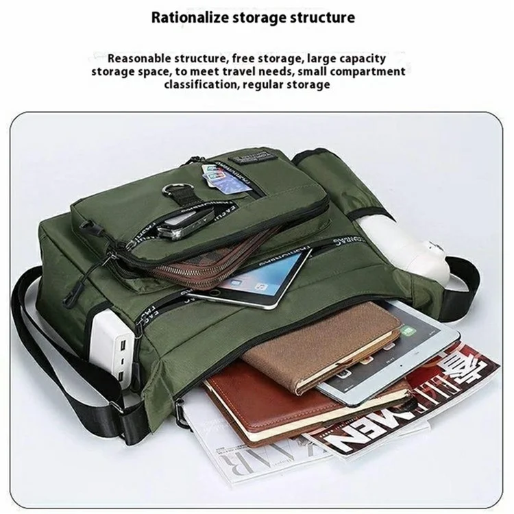Men Casual Shoulder Bag Large Capacity Oxford Fabric Multi-Layer Travel Commute Business Messenger Bag - Army Green