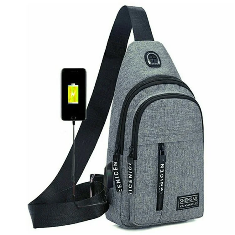 Bolso bandolera de doble capa para hombre con puerto USB, impermeable para exteriores - Gris