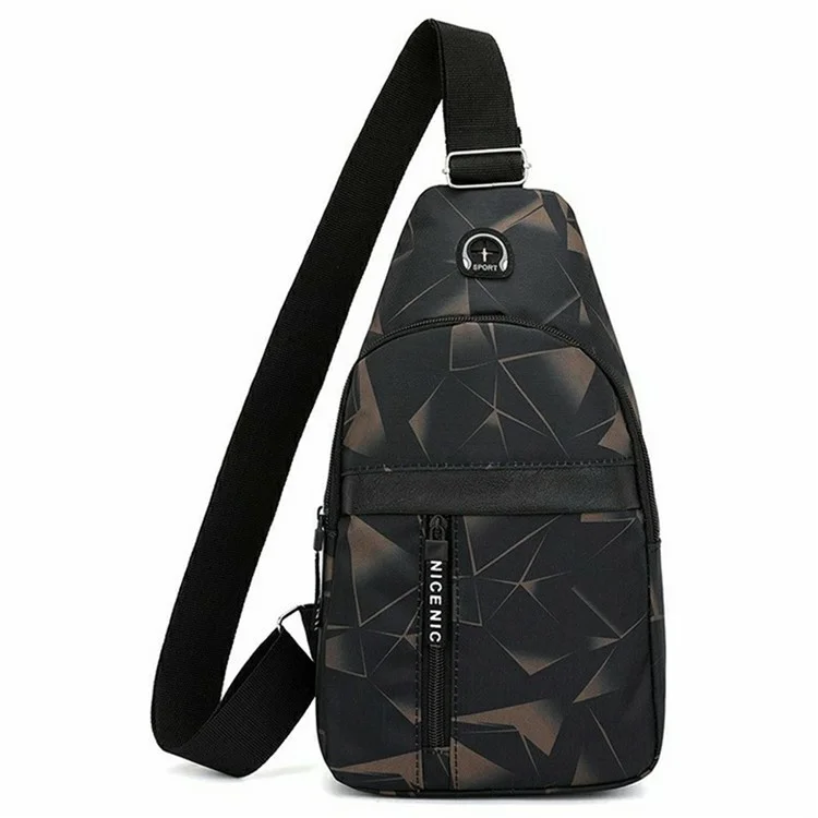 Modische geometrische Brusttasche mit Kopfhörerloch, Nylon Umhängetasche, Einzelschicht - Schwarz