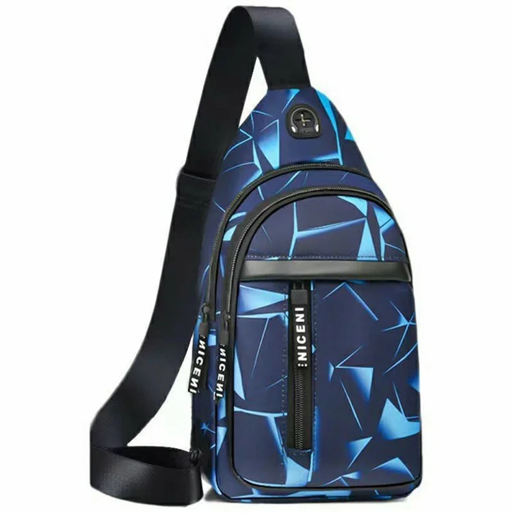 Fashion Geometric Print Chest Bag with Earphone Hole Nylon Single Shoulder Pack, Double Layer - Blue
