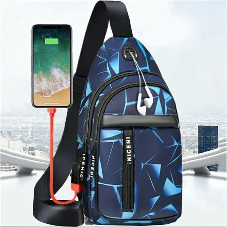 Fashion Geometric Print Chest Bag with Earphone Hole Nylon Single Shoulder Pack, Double Layer - Blue