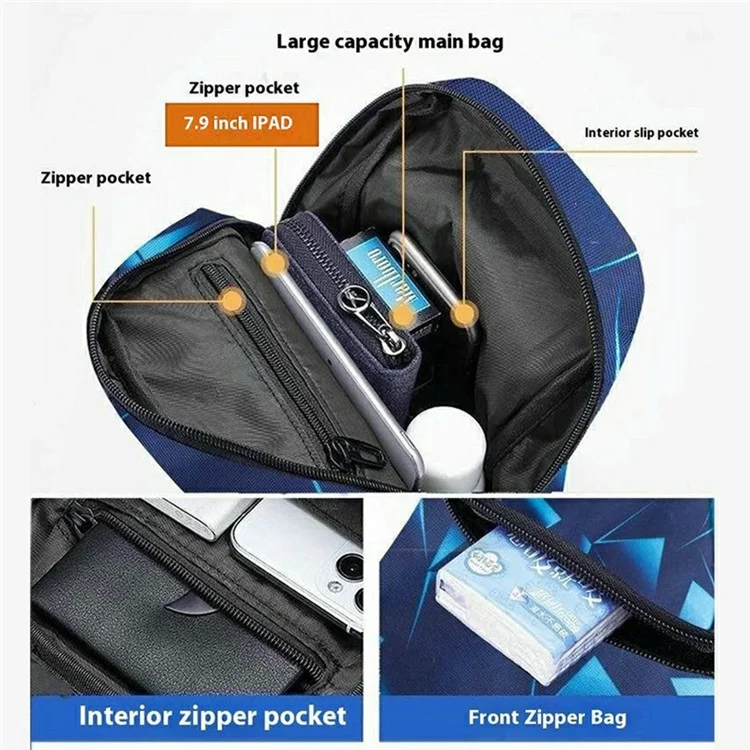 Fashion Geometric Print Chest Bag with Earphone Hole Nylon Single Shoulder Pack, Double Layer - Blue