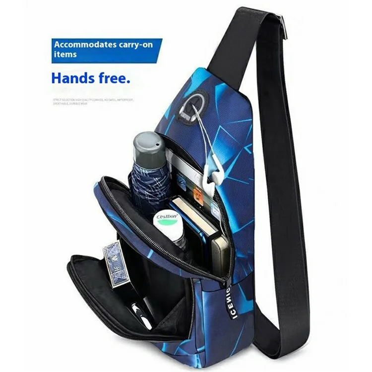 Fashion Geometric Print Chest Bag with Earphone Hole Nylon Single Shoulder Pack, Double Layer - Blue
