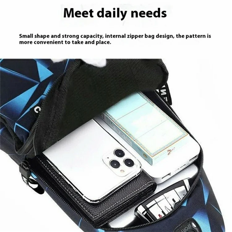 Fashion Geometric Print Chest Bag with Earphone Hole Nylon Single Shoulder Pack, Double Layer - Blue