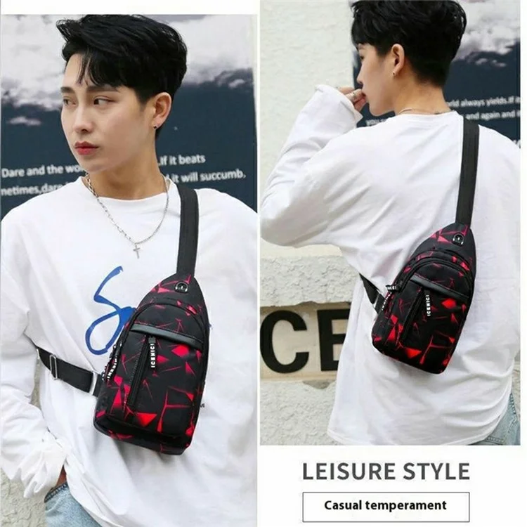 Fashion Geometric Print Chest Bag with Earphone Hole Nylon Single Shoulder Pack, Double Layer - Blue
