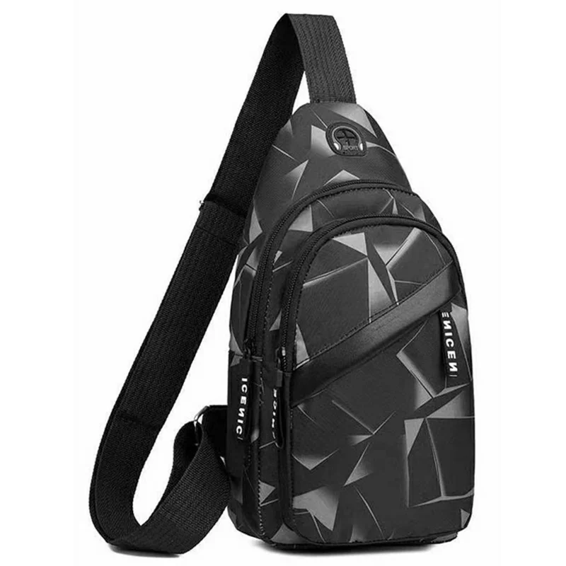 Bolsa Transversal Geométrica de Moda com Furo para Fone de Ouvido, Nylon, Camada Dupla - Preto / Zíper Diagonal