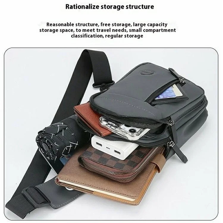 Waterproof Leather Chest Bag for Men Casual Single Shoulder Crossbody Pack with Earphone Hole - Grey
